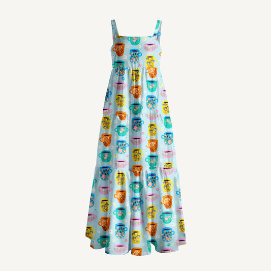 Colorful Hand-Drawn Teacup Print Wide Straps Maxi Dress With Pockets