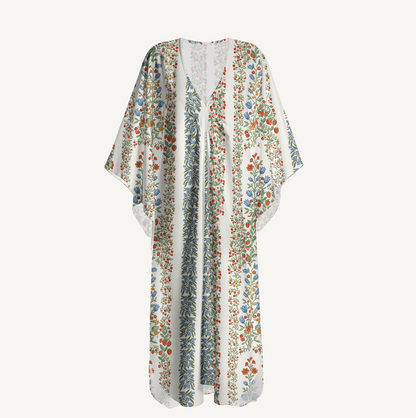 V‑Neck Strawberry Vine Tales Kimono Sleeve Kaftan Dress