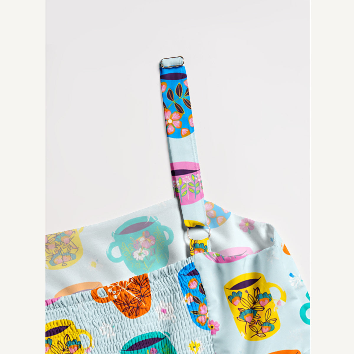 Colorful Hand-Drawn Teacup Print Wide Straps Maxi Dress With Pockets