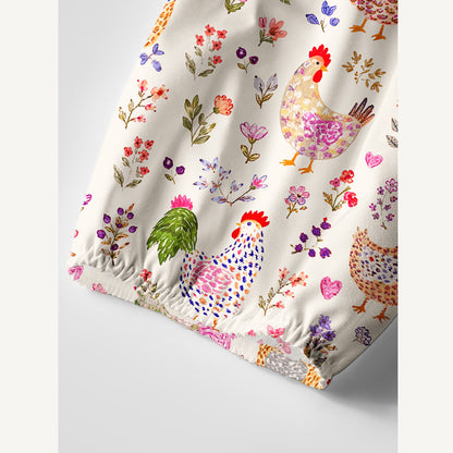 Colorful Farm Chickens Print Boho Tie‑Neck Smock Mini Dress