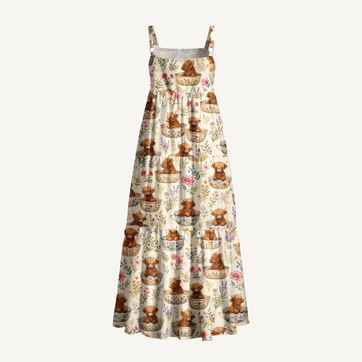 Highland Cow Teacup Floral Print Wide Straps Maxi Dress With Pockets