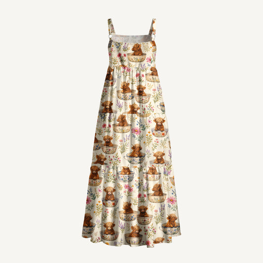Highland Cow Teacup Floral Print Wide Straps Maxi Dress With Pockets