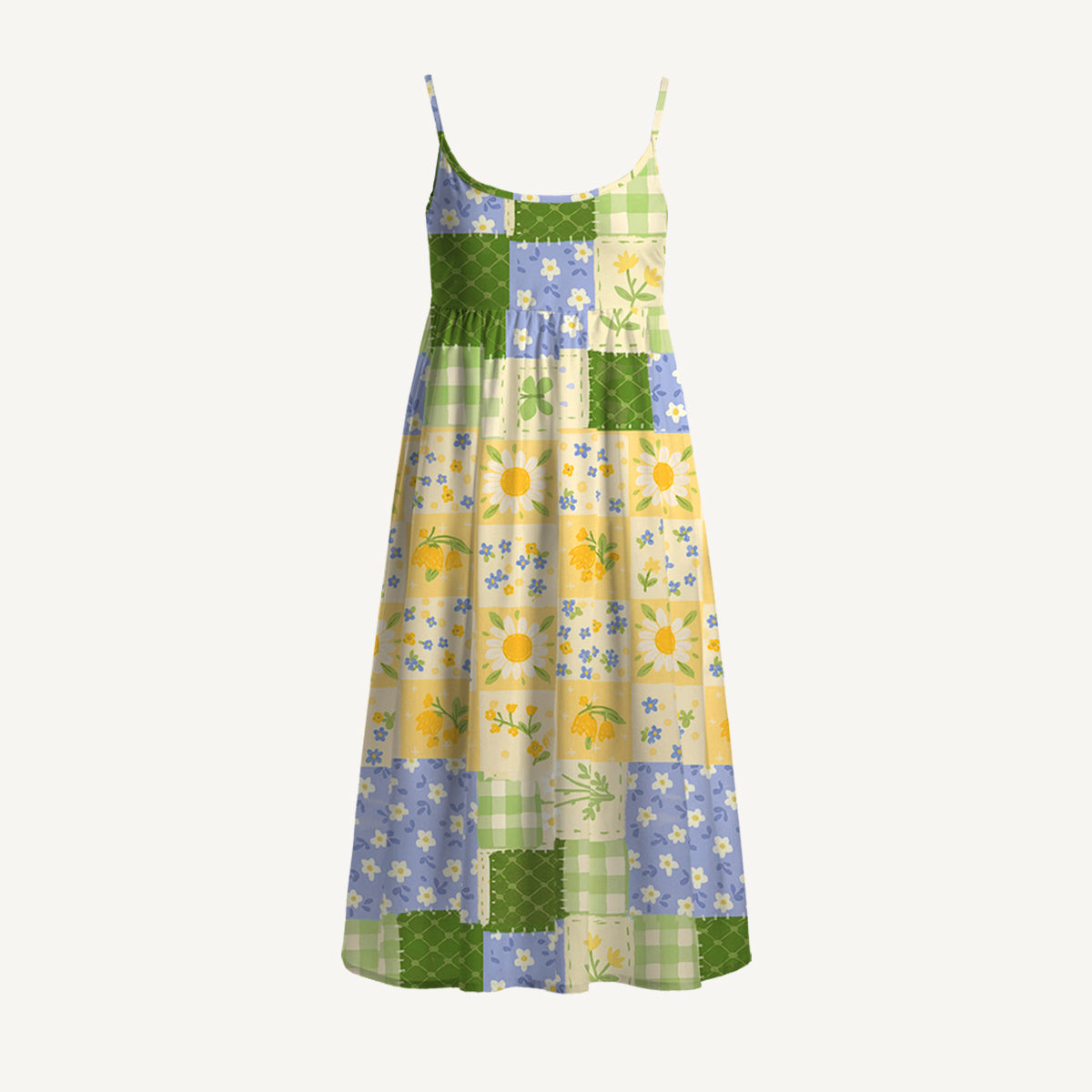 Pastoral Gingham Patchwork Print Spaghetti Strap Mini Dress