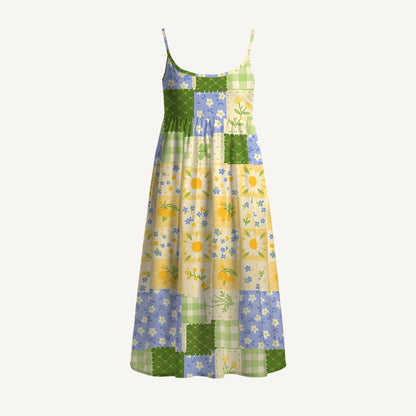 Pastoral Gingham Patchwork Print Spaghetti Strap Mini Dress