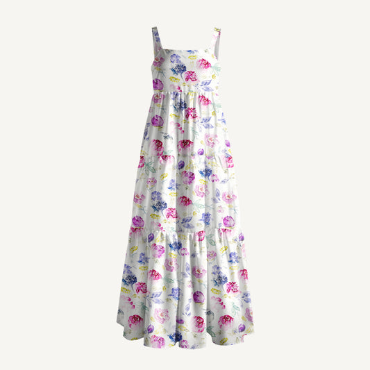Soft Vintage Bloom Watercolor Print Wide Straps Maxi Dress With Pockets
