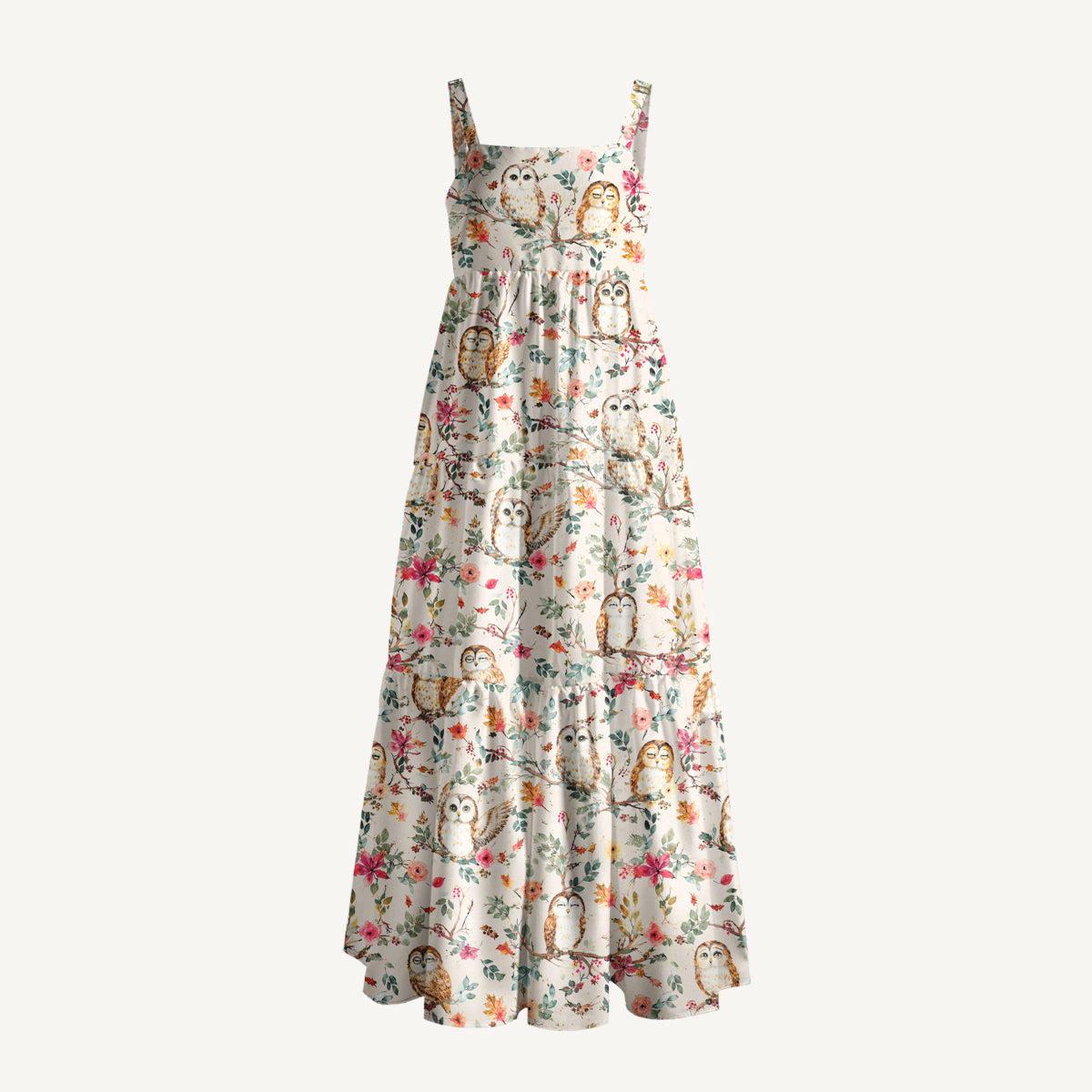 Forest Owls Print Wide Straps Maxi Dress With Pockets