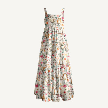 Forest Owls Print Wide Straps Maxi Dress With Pockets