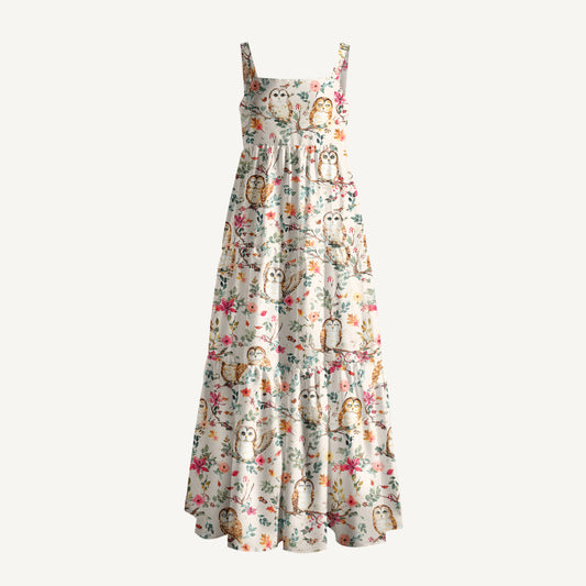 Forest Owls Print Wide Straps Maxi Dress With Pockets