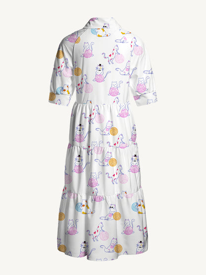 V Neck Collared Color Yarn Garden Cat Print Casual Midi Dress With Pockets