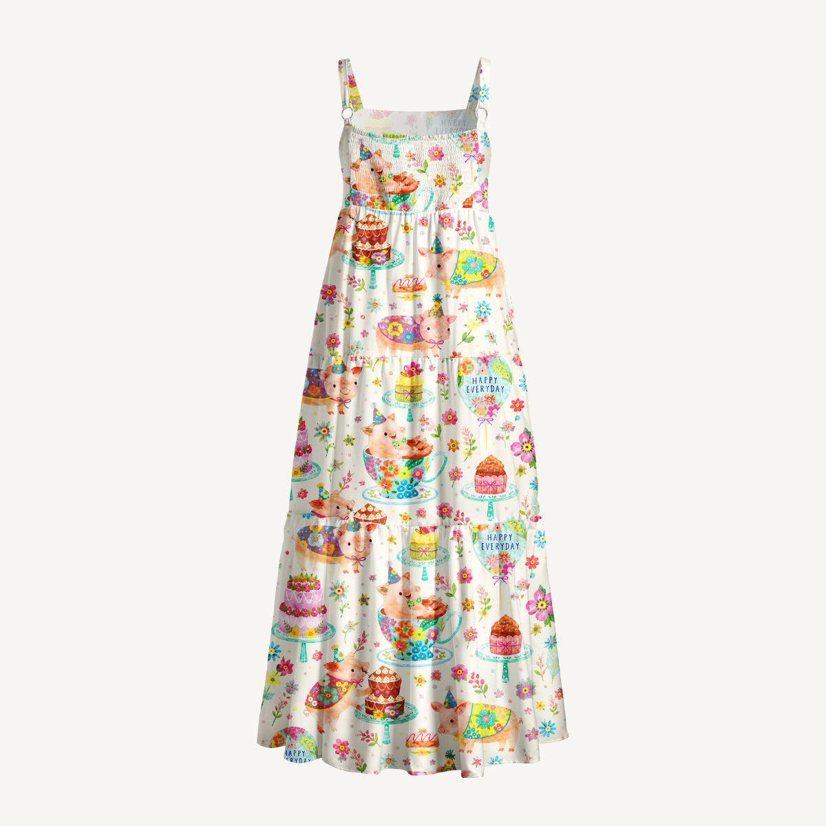 Piggies Happy Everyday Print Wide Straps Maxi Dress With Pockets