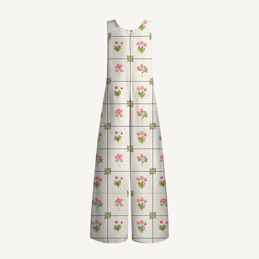 V-Neck Meadow Tile Bloom Boho Jumpsuit with Pockets for Women