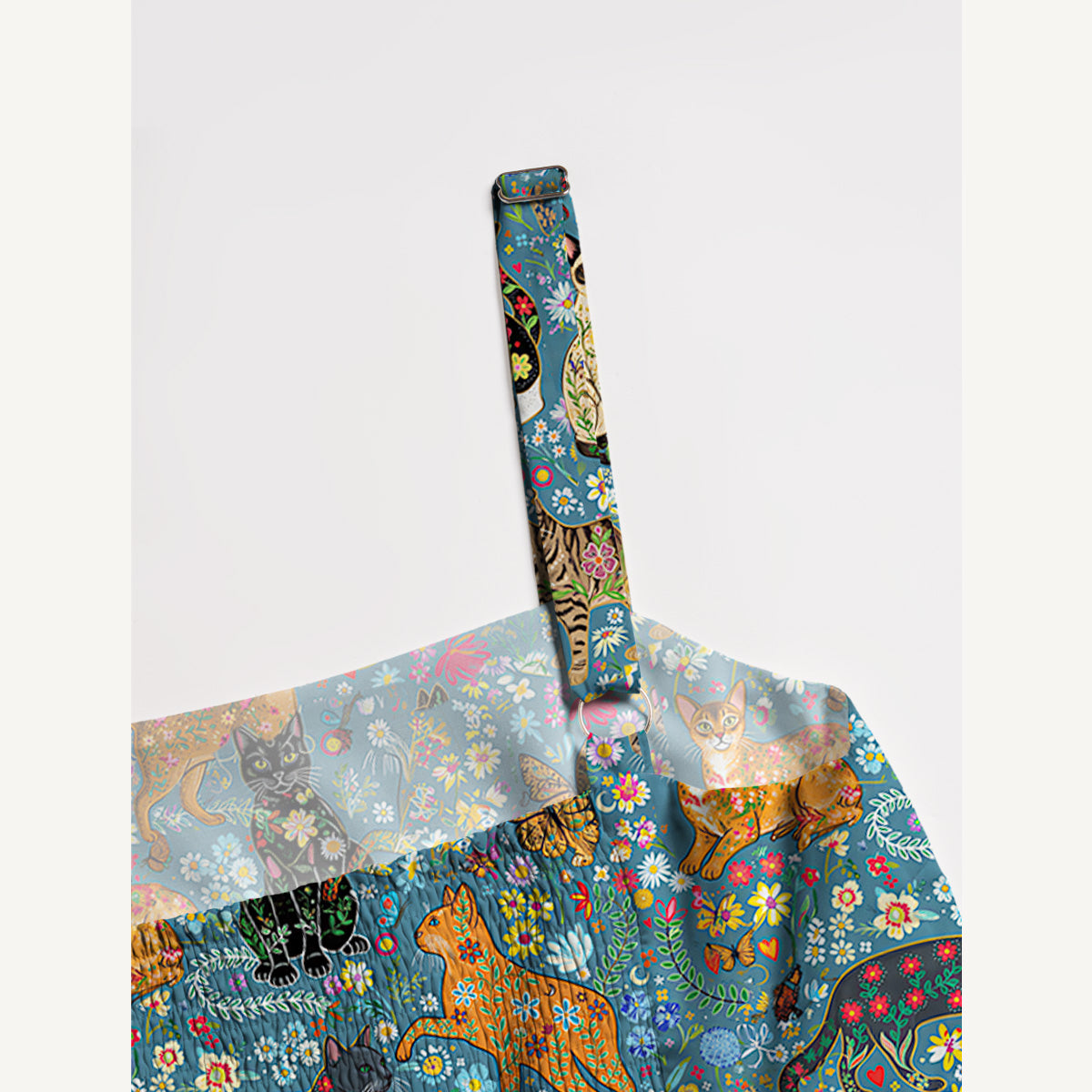 Colorful Garden Cat Pattern Wide Straps Maxi Dress With Pockets