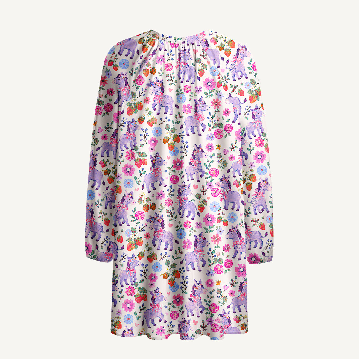 Strawberry Blossom Donkeys Print Boho Tie‑Neck Smock Mini Dress
