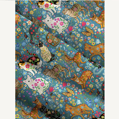 Colorful Garden Cat Pattern Wide Straps Maxi Dress With Pockets