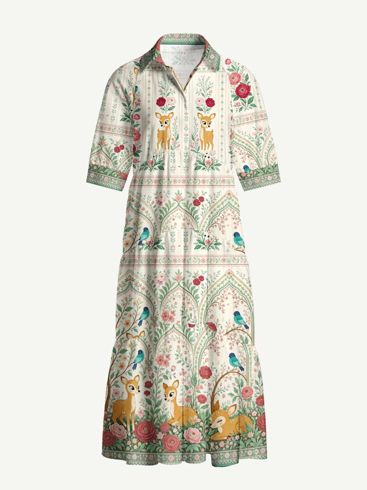 V Neck Collared Cream Garden Fawn Forest Print Casual Midi Dress With Pockets