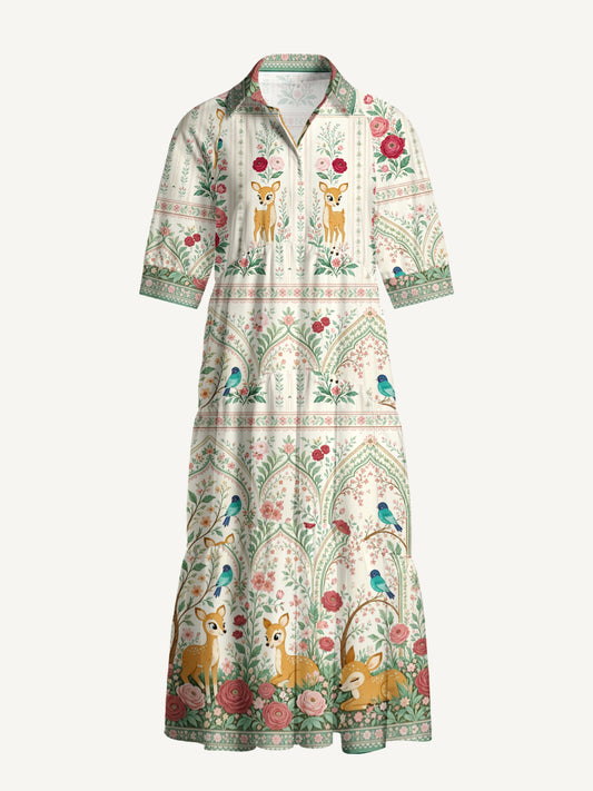 V Neck Collared Cream Garden Fawn Forest Print Casual Midi Dress With Pockets