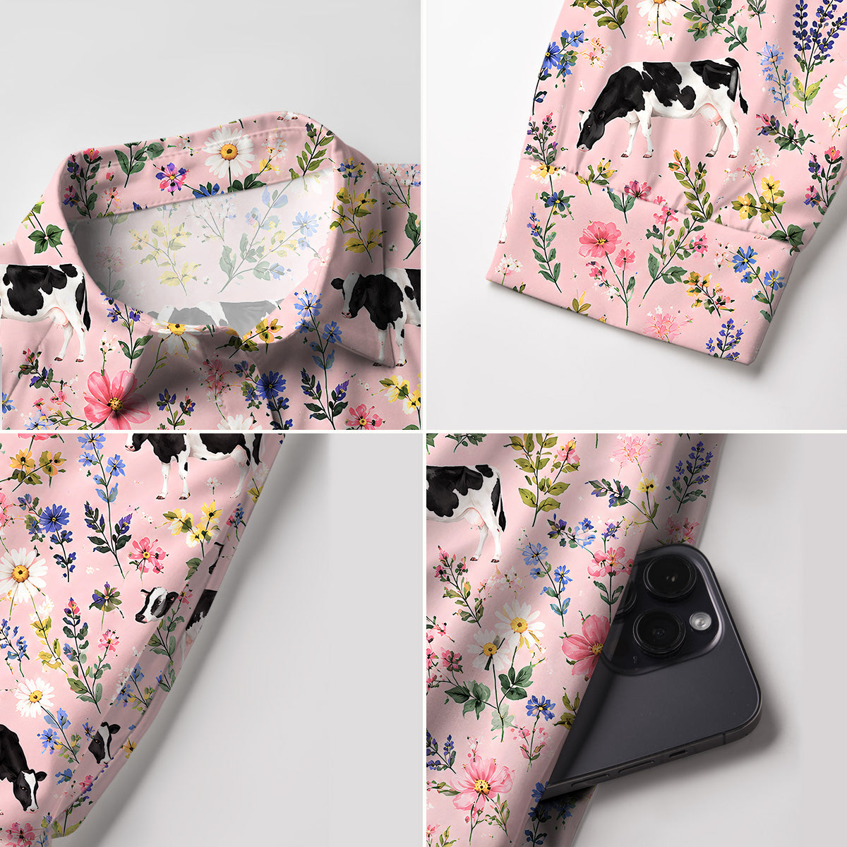 V Neck Collared Holstein Cattle Cow Farm Animal Floral Pink Mini Dress For Women With Pockets