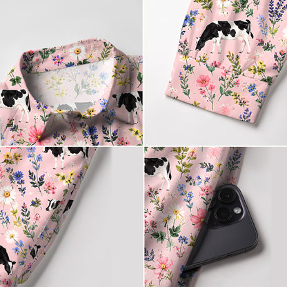 V Neck Collared Holstein Cattle Cow Farm Animal Floral Pink Mini Dress For Women With Pockets
