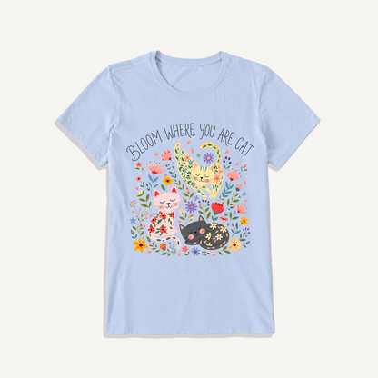 Floral Feline Bloom Print Crew Neck Cotton Tee