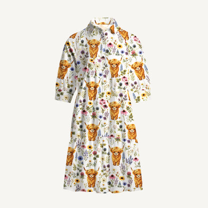 V Neck Collared Farm Animal Boho Highland Cow Mini Dress For Women With Pockets