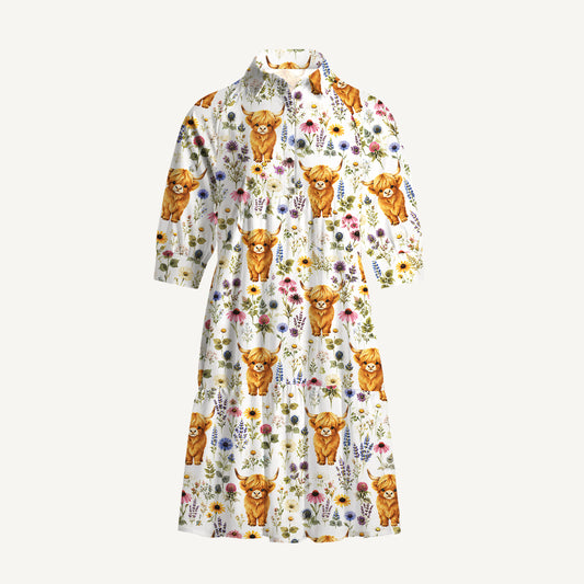 V Neck Collared Farm Animal Boho Highland Cow Mini Dress For Women With Pockets