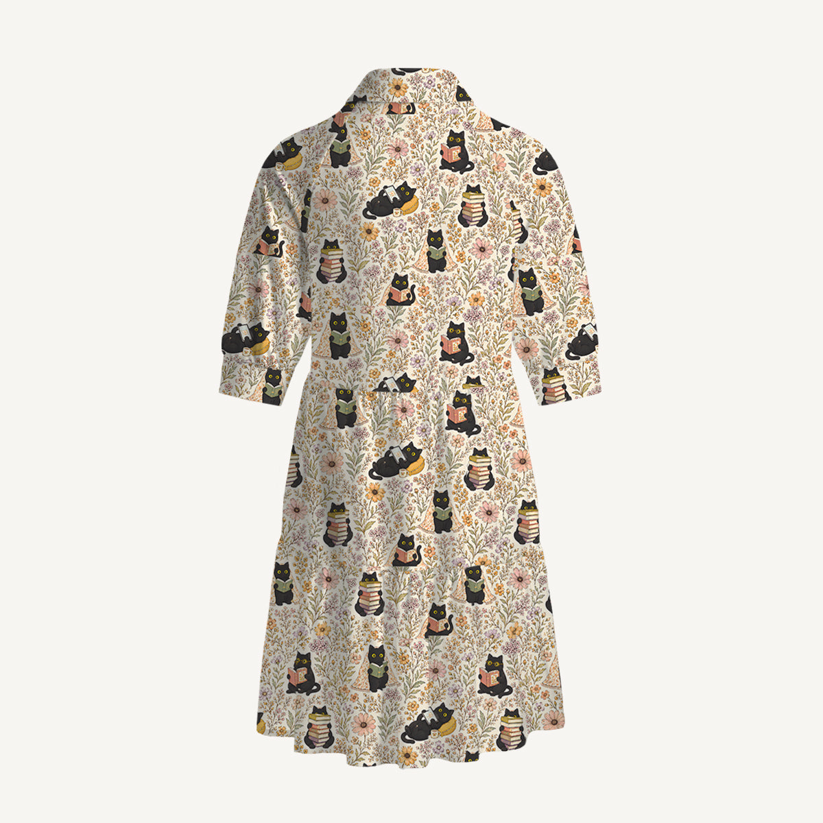 V Neck Collared Books Blooms and Black Cats Print Mini Dress For Women With Pockets