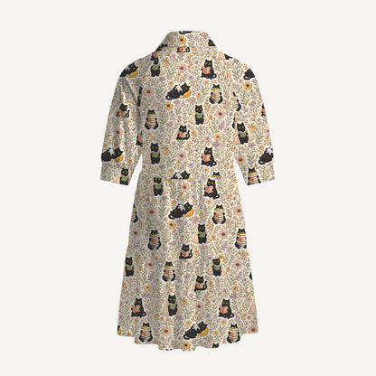 V Neck Collared Books Blooms and Black Cats Print Mini Dress For Women With Pockets