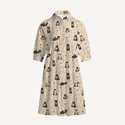 V Neck Collared Books Blooms and Black Cats Print Mini Dress For Women With Pockets
