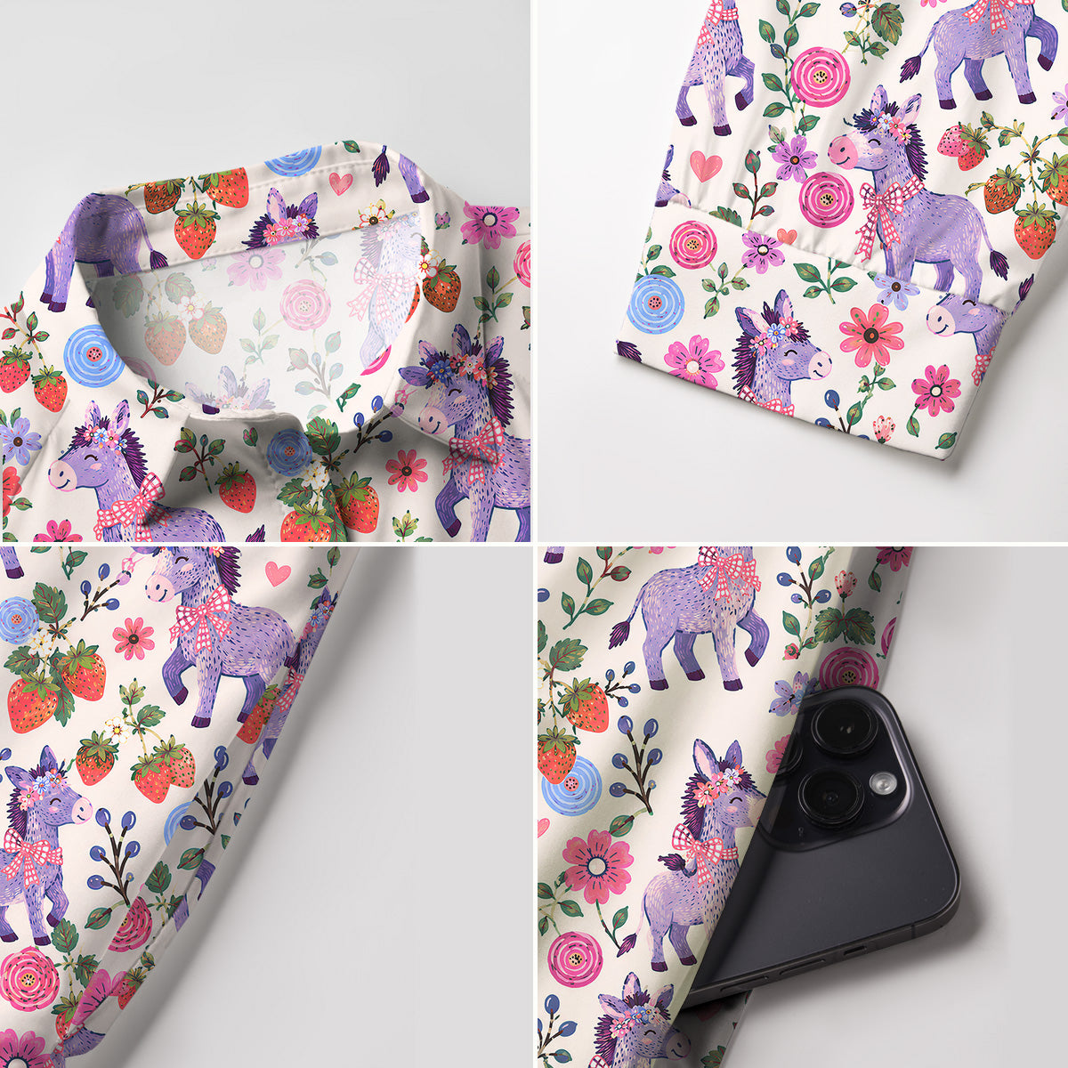 V Neck Collared Strawberry Blossom Donkeys Mini Dress For Women With Pockets