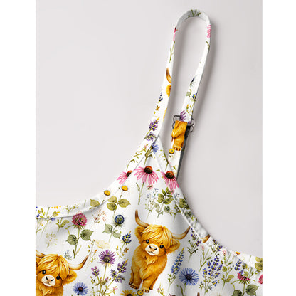 Farm Animal Boho Highland Cow Print Spaghetti Strap Mini Dress