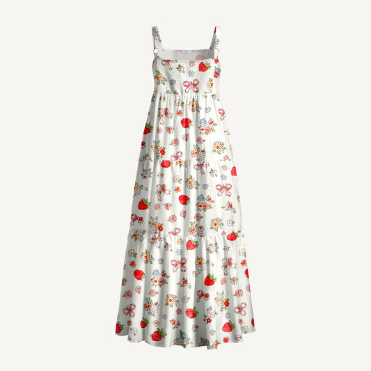 Strawberry Bow Print Wide Straps Maxi Dress With Pockets