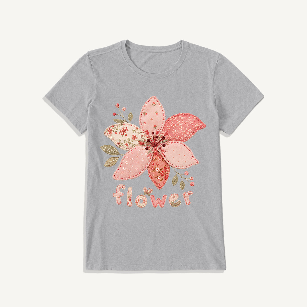 Blush Patchwork Flower Print Crew Neck Cotton Tee