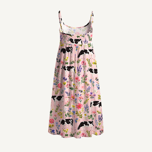 Holstein Cattle Cow Farm Animal Floral Pink Print Spaghetti Strap Mini Dress