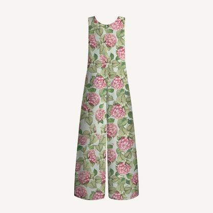 V-Neck Hydrangea Whisper Boho Jumpsuit with Pockets for Women