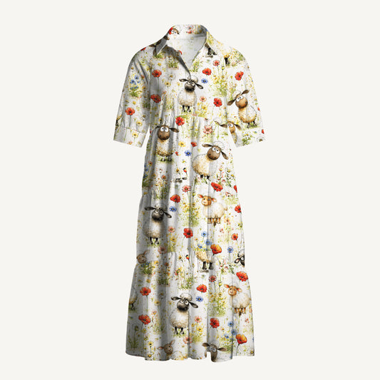 Whimsical Sheep Clipart Print Casual Midi Dress With Pockets