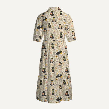 V Neck Collared Books Blooms and Black Cats Print Casual Midi Dress With Pockets