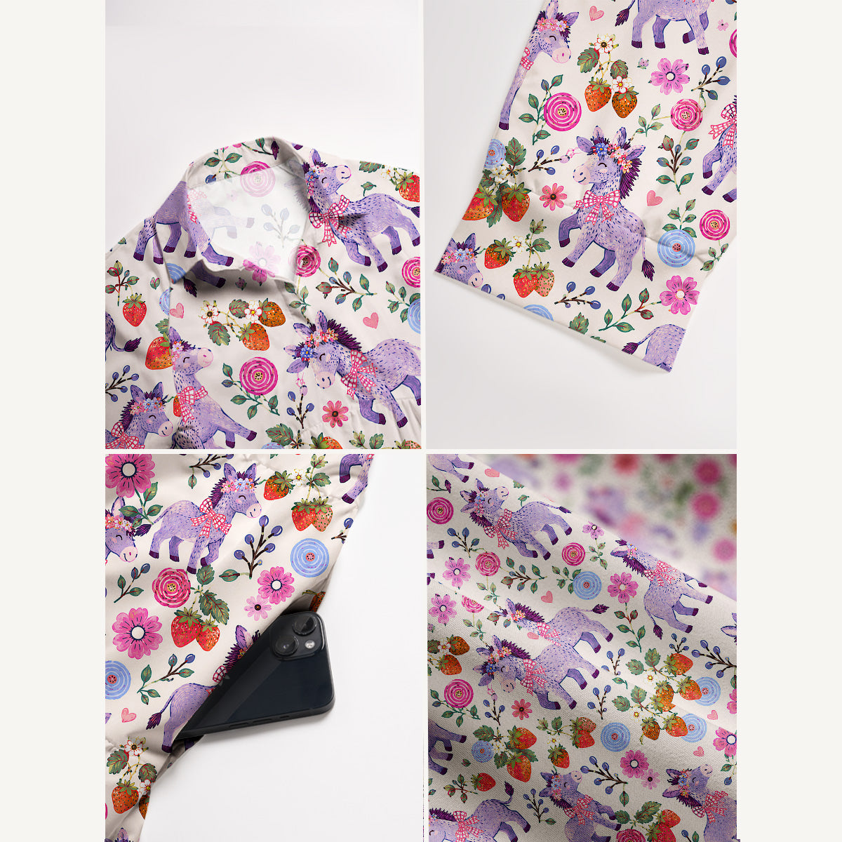 Strawberry Blossom Donkeys Print Casual Midi Dress With Pockets