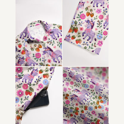 Strawberry Blossom Donkeys Print Casual Midi Dress With Pockets