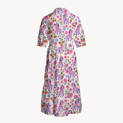 Strawberry Blossom Donkeys Print Casual Midi Dress With Pockets