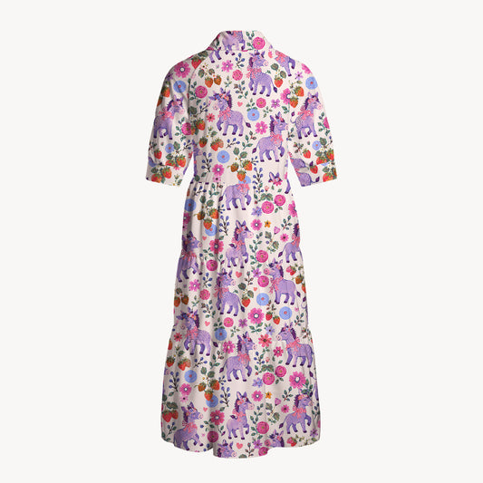 Strawberry Blossom Donkeys Print Casual Midi Dress With Pockets