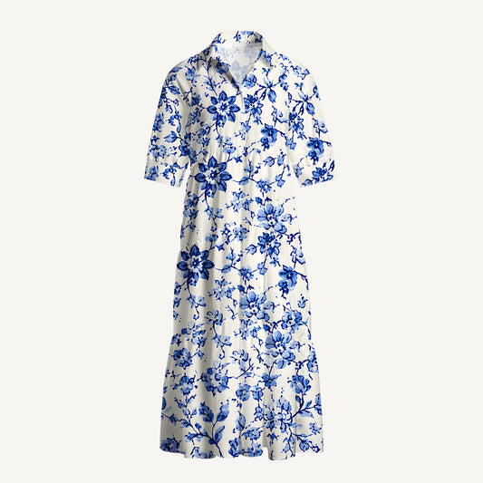 V Neck Collared Delft Blue Vintage Floral Print Casual Midi Dress With Pockets