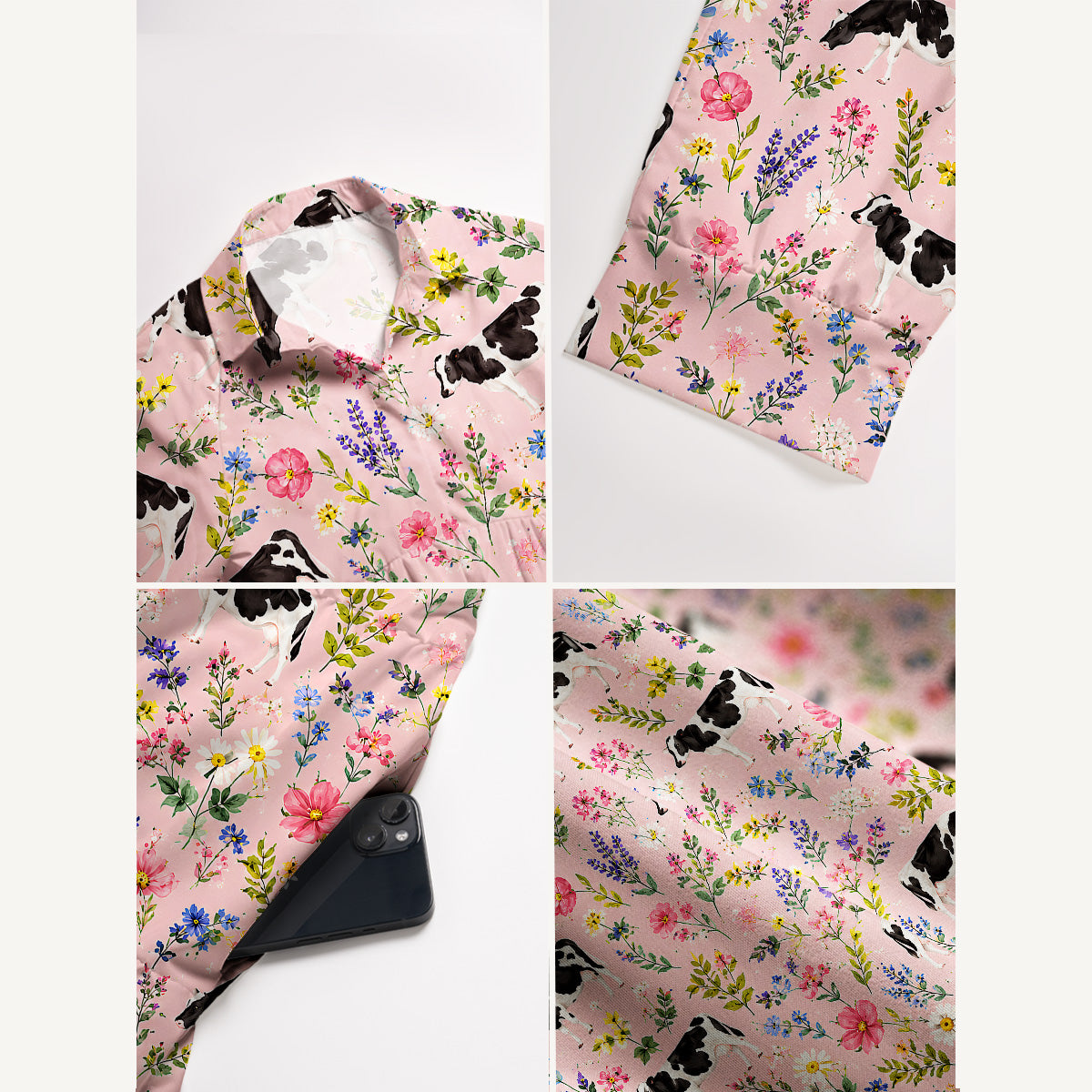 Holstein Cattle Cow Farm Animal Floral Pink Print Casual Midi Dress With Pockets