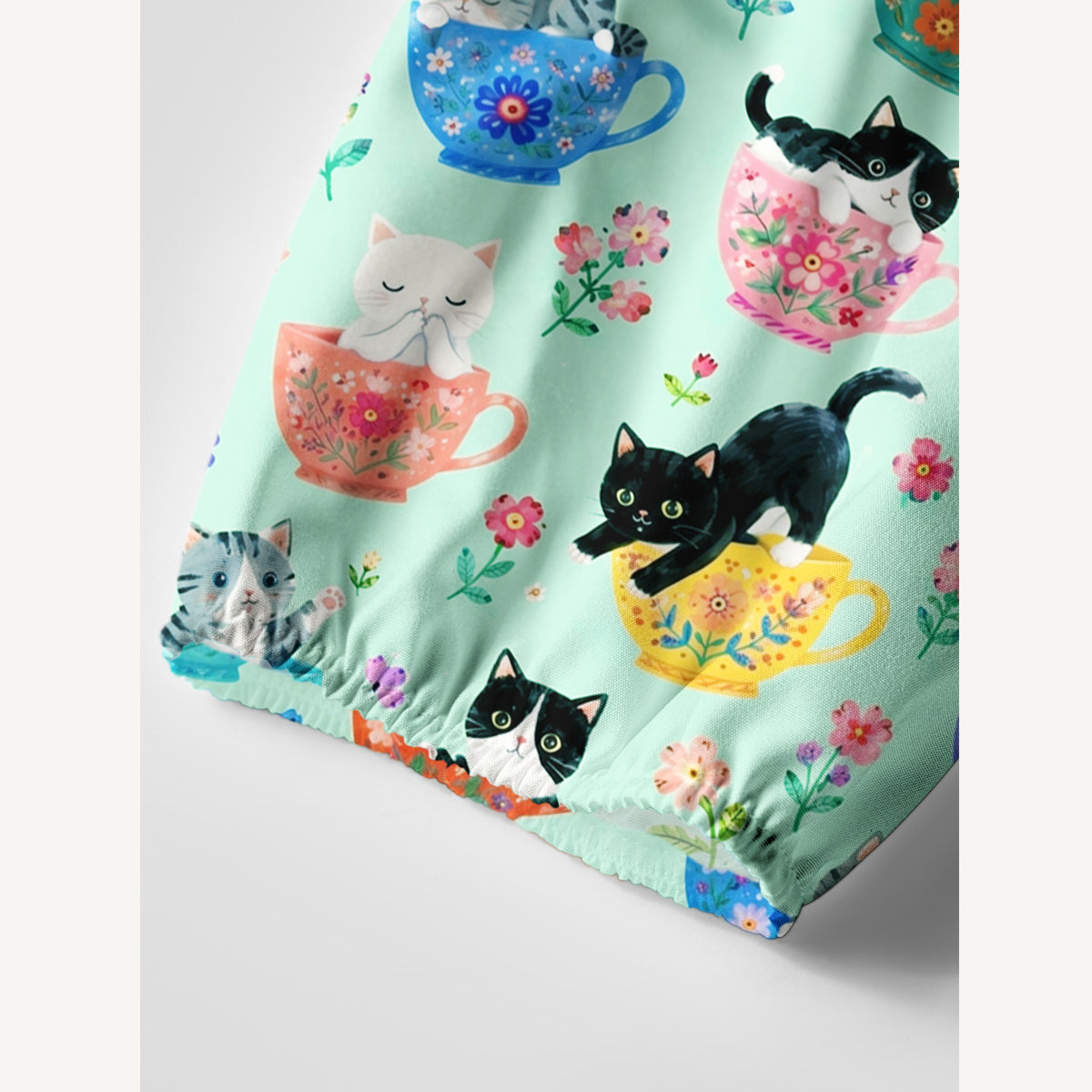 Cute Teacup Kitten Print Boho Tie‑Neck Smock Mini Dress