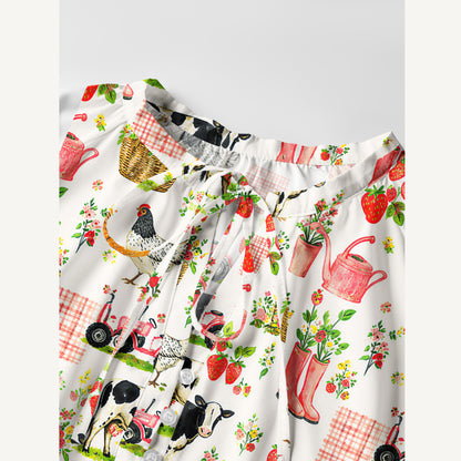 Watercolor Pink Farm Chicken Print Boho Long Sleeve Tie‑Neck Smock Mini Dress