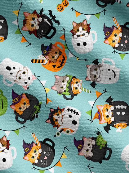 Lightweight Crew Neck Long‑Sleeve Cropped Mint Pumpkin Kitty Halloween Fun Print Fine‑Knit Cardigan