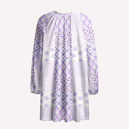 Lavender Daisy & Gingham Print Boho Tie‑Neck Smock Mini Dress