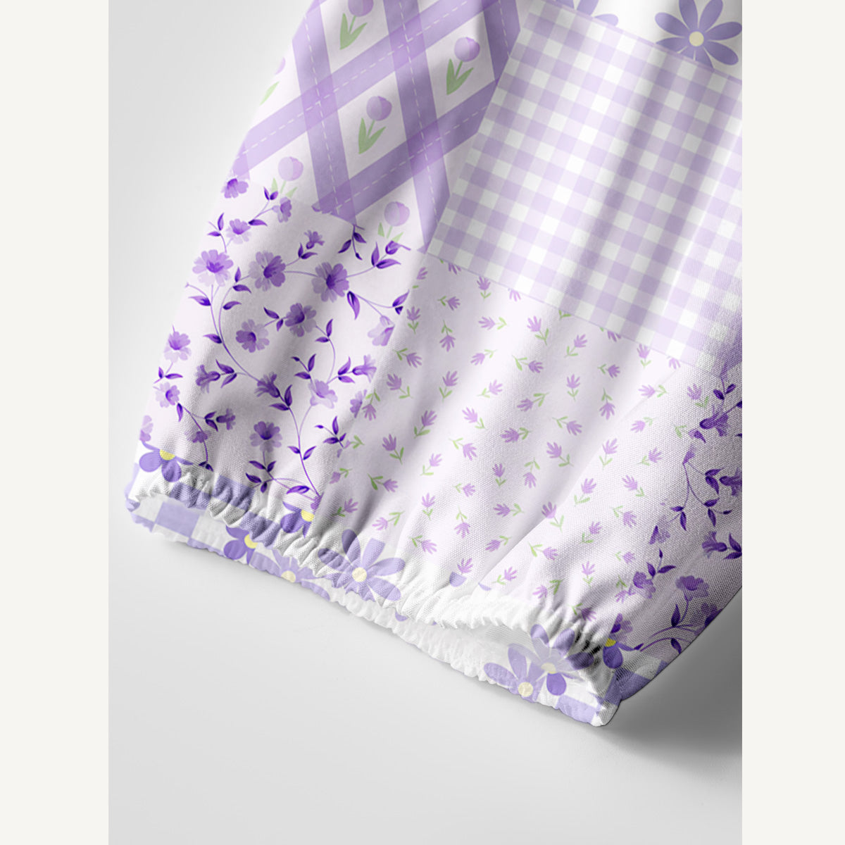 Lavender Daisy & Gingham Print Boho Tie‑Neck Smock Mini Dress