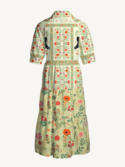 V Neck Collared Cream Garden Black Cat Print Casual Midi Dress With Pockets