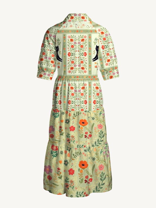 V Neck Collared Cream Garden Black Cat Print Casual Midi Dress With Pockets