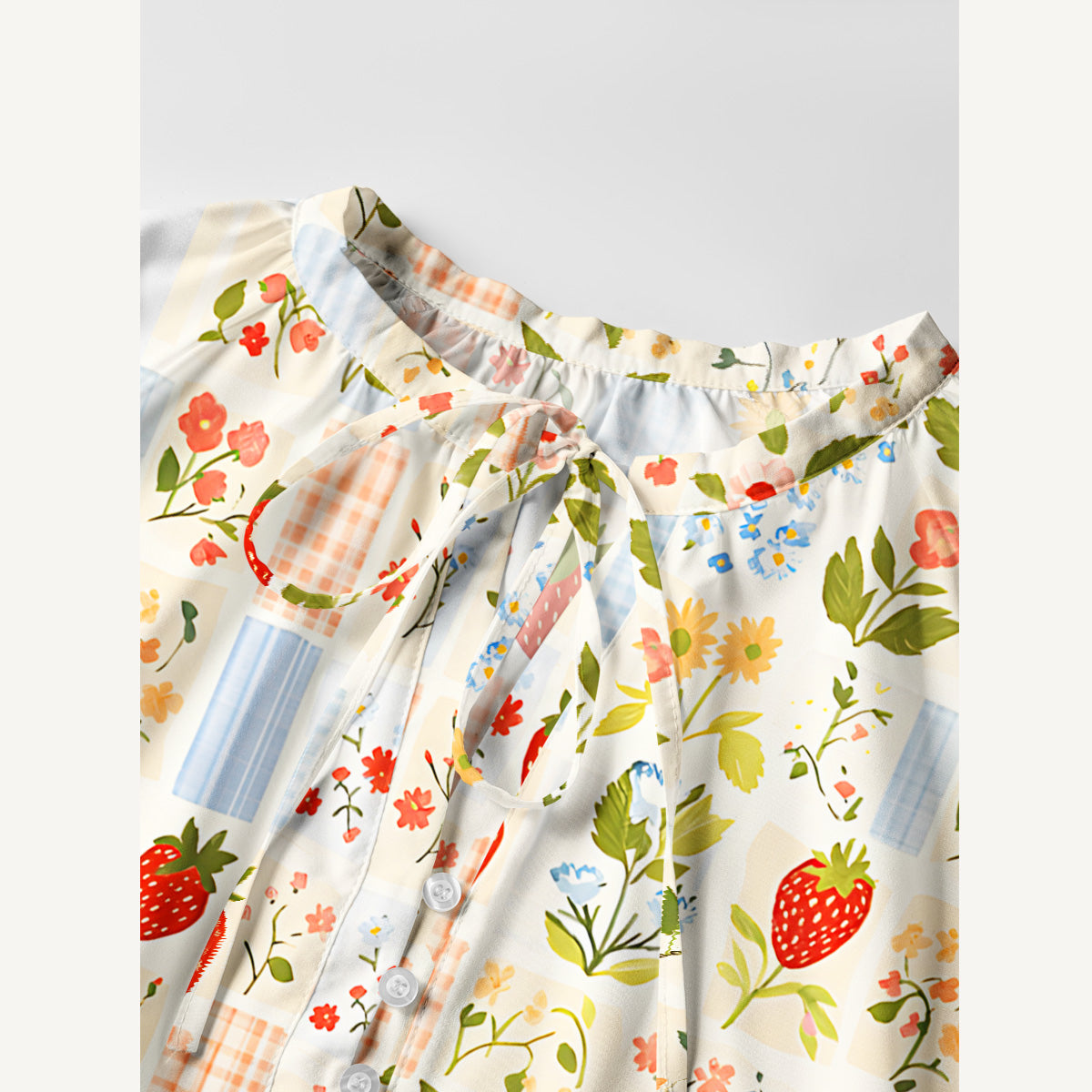 Strawberry Garden Patchwork Print Boho Long Sleeve Tie‑Neck Smock Mini Dress